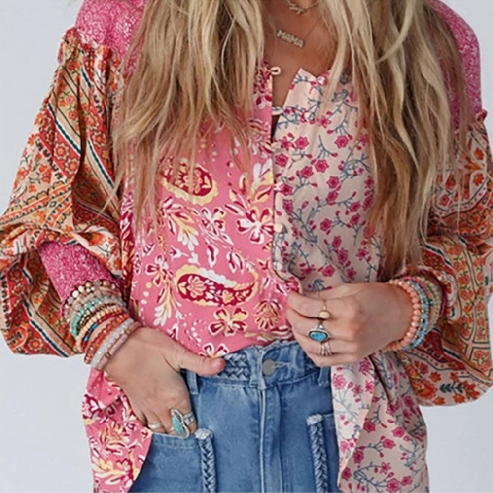 OLI & HALI Floral And Paisley Boho Chic Button Front Blouse Pink